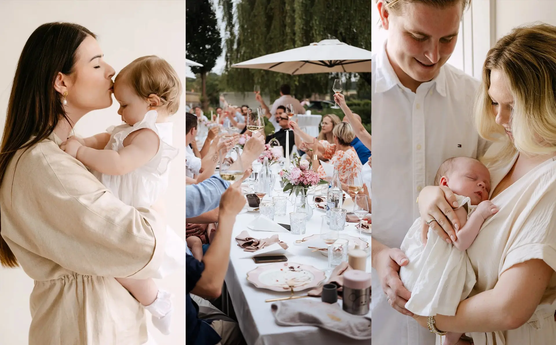 Triptiek van gezinsmomenten: mama met baby, feesttafel en newborn met ouders